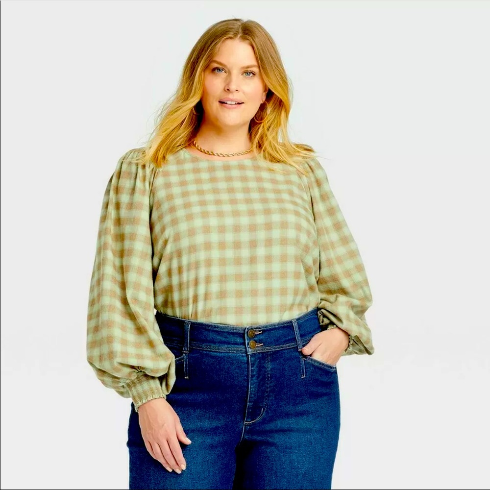 Ava & Viv Balloon Sleeve Plaid Top 3X